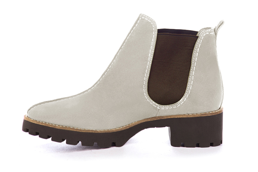 Women's off white and chocolate brown elegant Chelsea ankle boots, with side elastics. Round toe. Thick rubber soles - Profile view